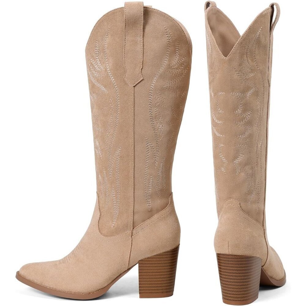 Women's Apricot Wide Calf Cowgirl Western Embroidery Chunky High Heel Boots - Picture 6 of 6